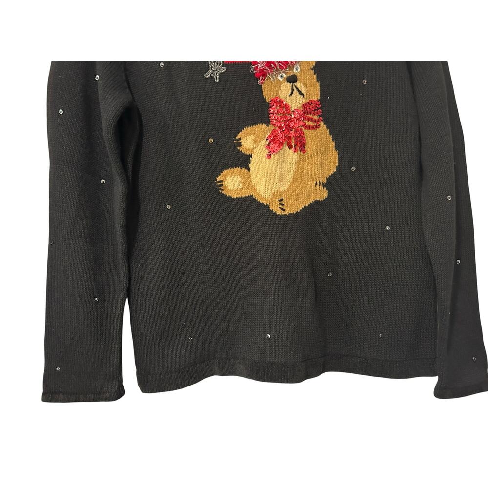 VTG Susan Bristol Christmas Teddy Bear Sequin Sweater Black M Hand Embroidered - Picture 4 of 9